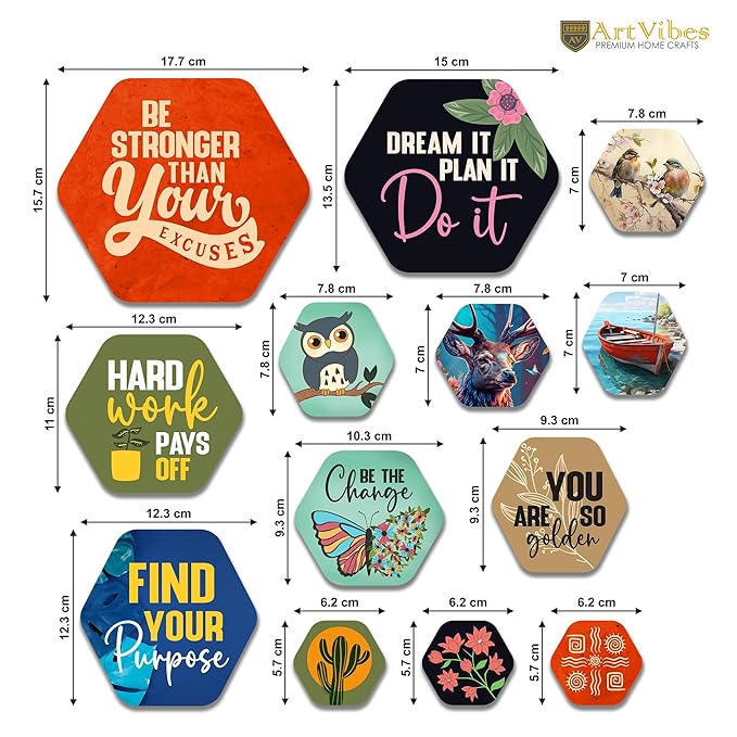 Artvibes Decorative Modern Wooden Wall Hanging Decoration for Home | Quotes Decor Item | Pack of 13 Pieces