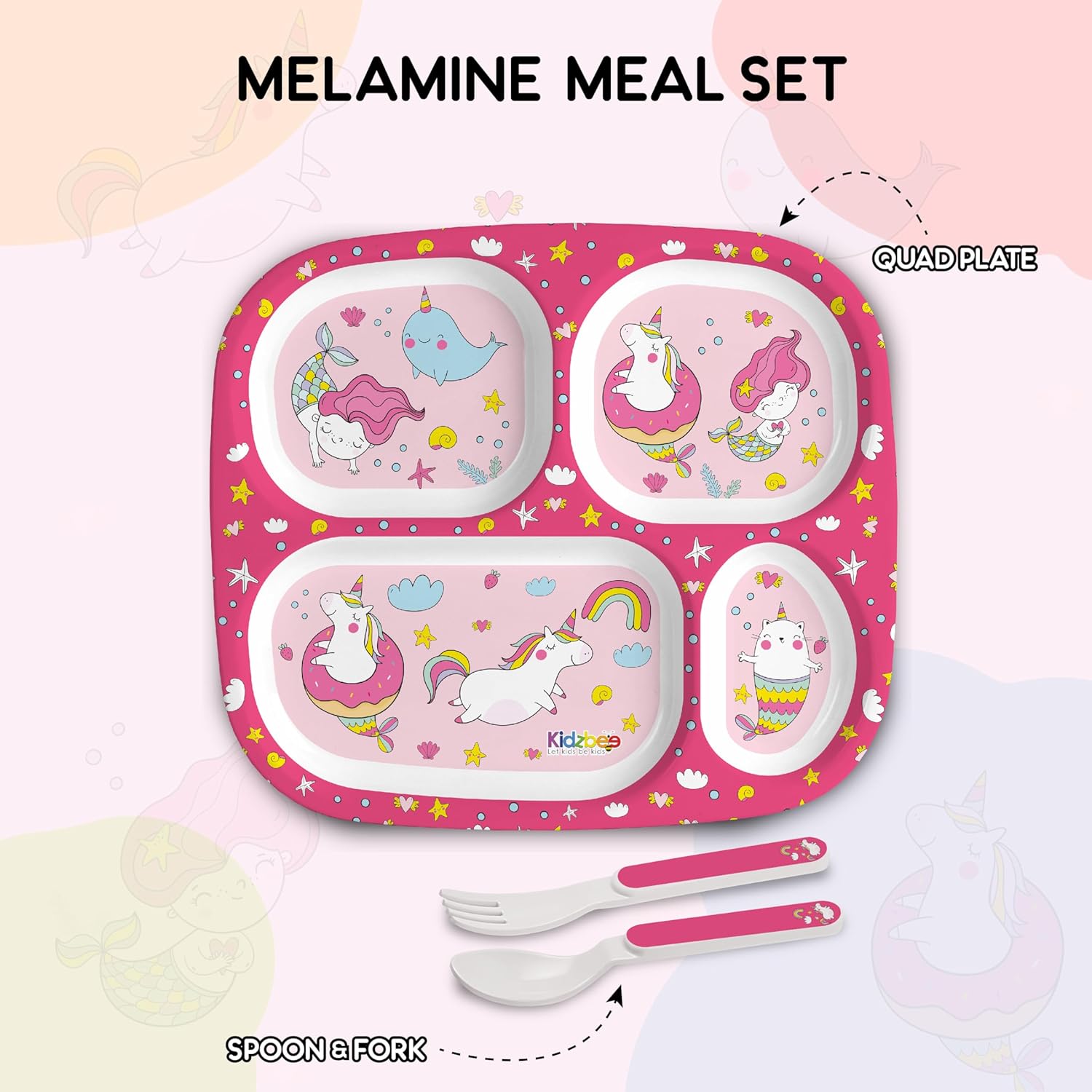 Cello Kidzbee Quadmeal Pink Parade Melamine Meal Set for Kids | Set Of 3