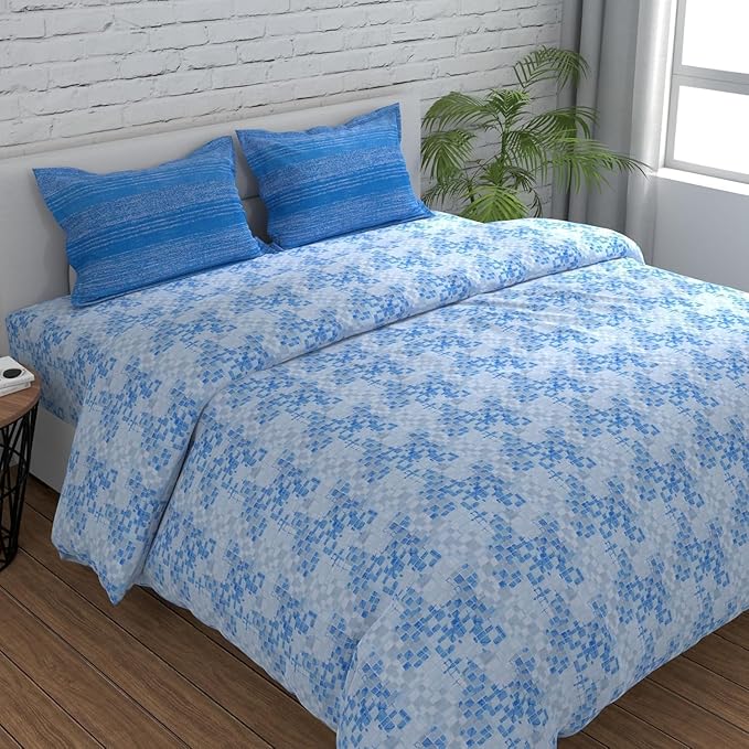 Huesland by Ahmedabad Cotton 144 TC King Size Bedsheet Cotton with 2 Pillow Covers | Grid | Blue, Grey & White