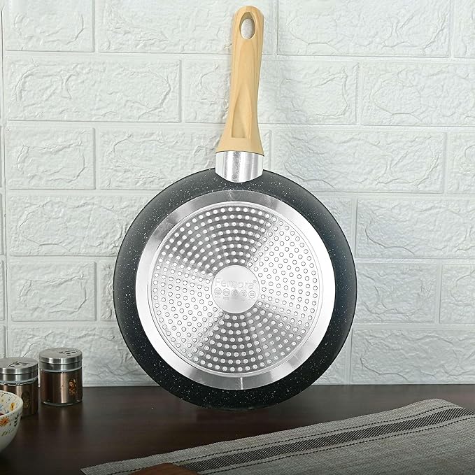 Femora Foged Die Cast Aluminium Non Stick 26 Cm Frypan With Wood Finish Handle | Granite Finish | Induction & Gas Ready