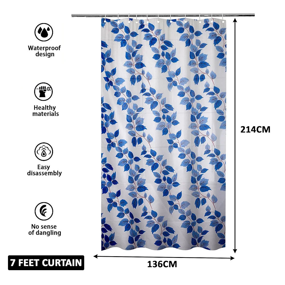 Kuber Industries Shower Curtain Bathroom Shower Curtain 8 Rings Curtain Leaf Print Blue