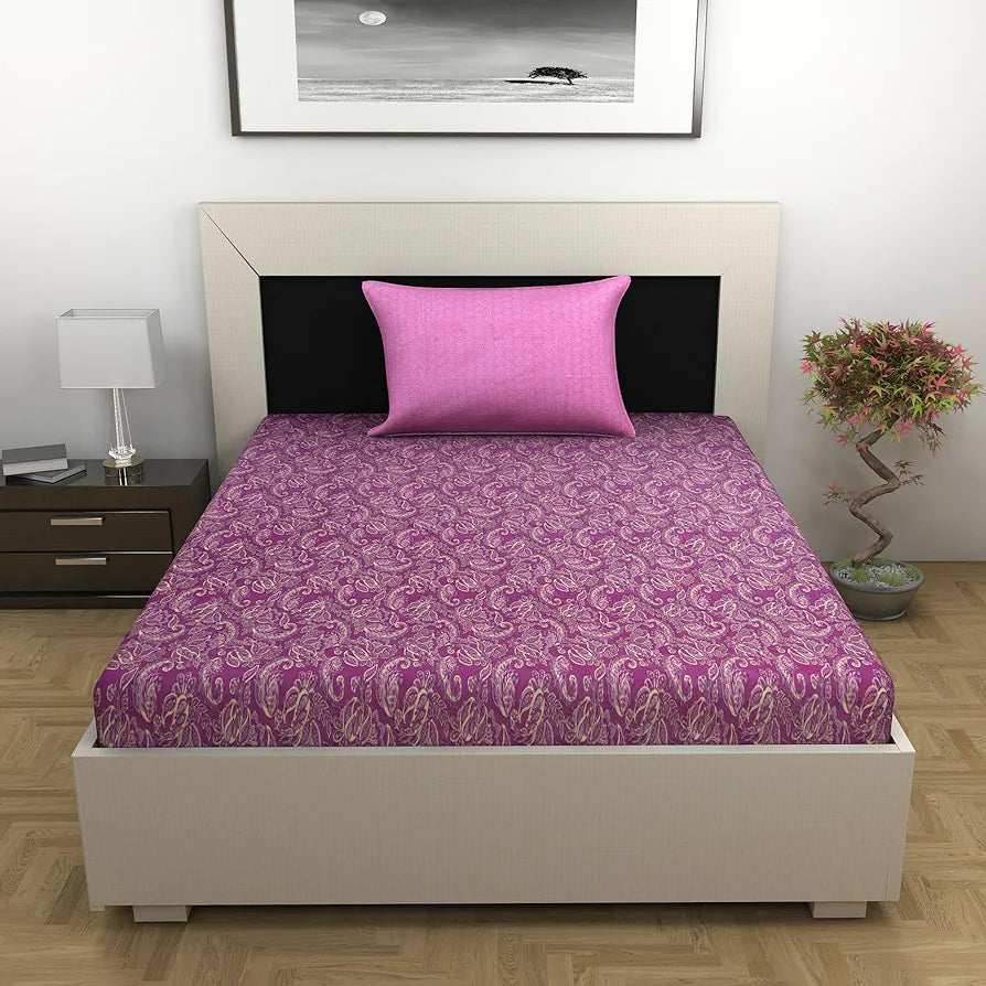 Divine Casa 144 TC 100% Pure Cotton Single Bedsheet with 1 Pillow Cover Royal Paisley Pattern Colour Cream Magenta