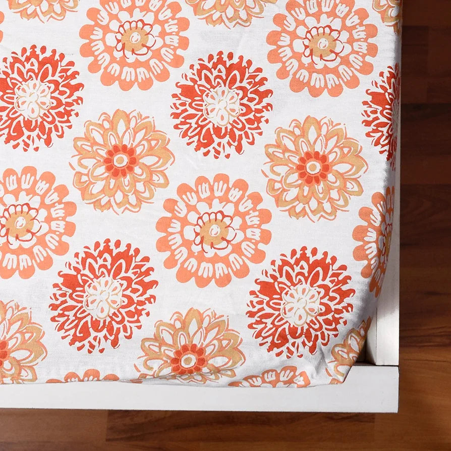 Divine Casa 144 TC 100% Cotton Floral Peach Ultrasoft King Size Bedsheet Cotton Elastic Fitted Pureed Pumpkin