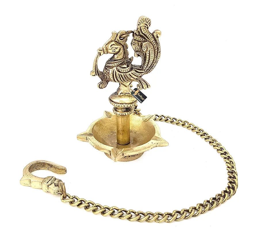 Two Moustaches Handmade Ethnic Peacock Design 5 Oil Wick Brass Hanging Diya
