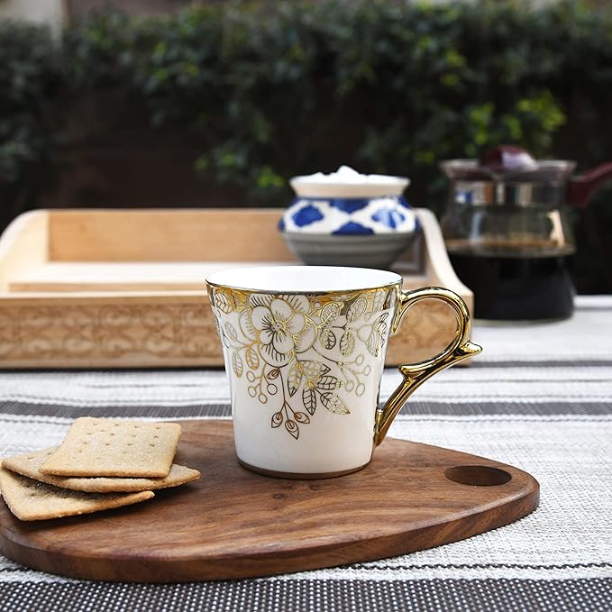 Femora Premium Gold Floral Buds Leaves Ceramic Coffee & Tea Cup Set of 6 | 160 Ml