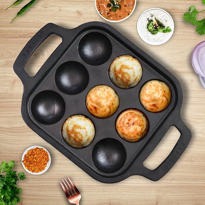 Solara Pre Seasoned Cast Iron Paniyaram Pan 9 Cavities 20 Cm Appam Patra, Paniyarakkal Pan | Cast Iron Cookware