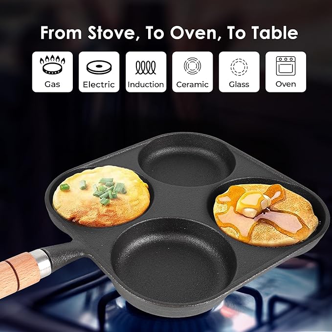 Solara Crown Stone Premium Pre-seasoned Cast Iron Uttapam Pan 4 Pit | Naturally Nonstick Toxin-free Uttappam Tawa With Wooden Handle