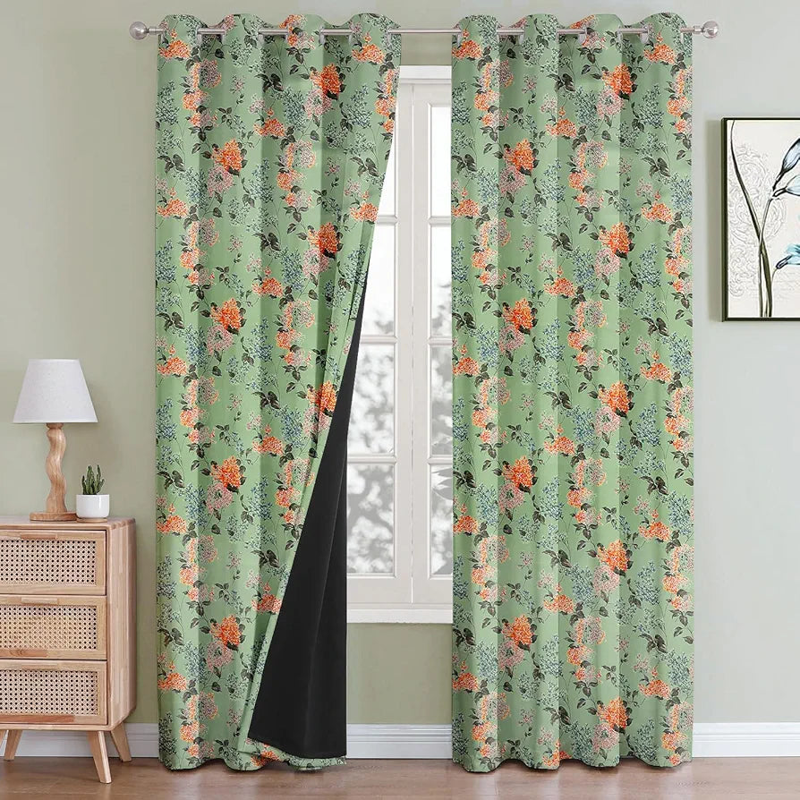 Cloth Fusion Blackout Printed Premium Door Curtains 7 Feet Long Set of 2 Green Coral Colour