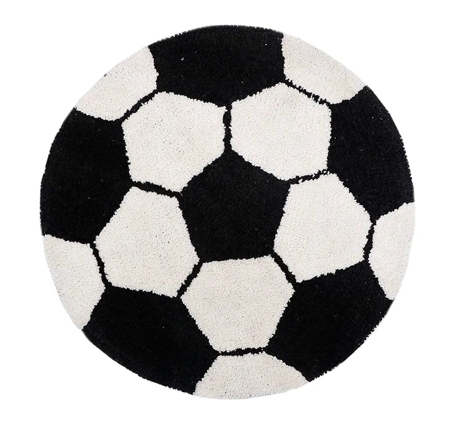 The Home Talk Kids Bath mat Floor Rug Football Design Cotton Round Anti-Skid Backing White & Black