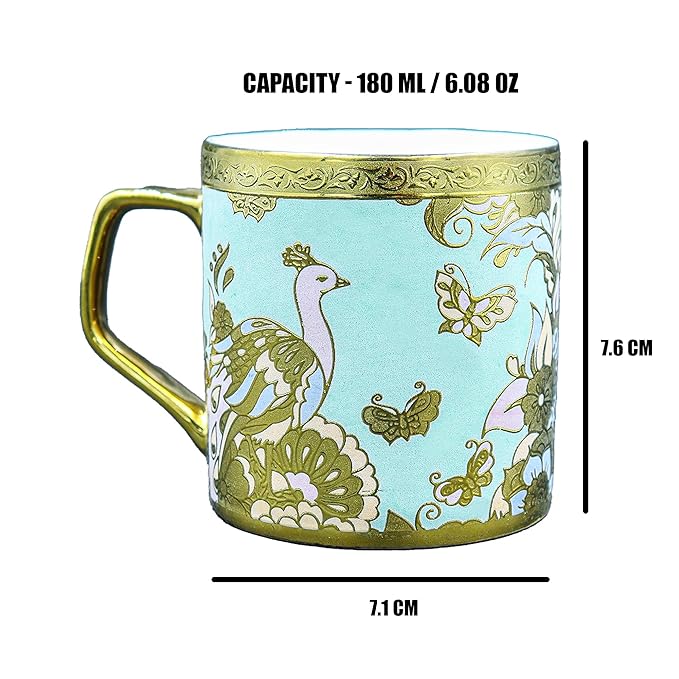 Femora Bone China Gloden Tea Cup | Butterfly & Peacock | 160 Ml | Peach