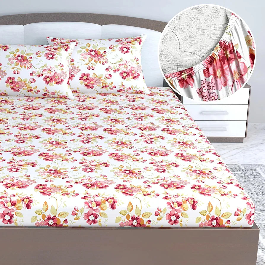 Divine Casa Floret 100% Cotton King Fitted Bedsheet 144 TC Deep Pocket Design Soft & Breathable Fabric Colour Rosy Retreat