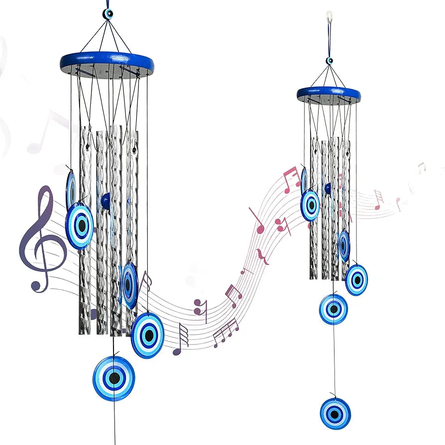 Evil Eye Wind Chimes for Home and Garden 4 Silver Pipe Wind Chime -015