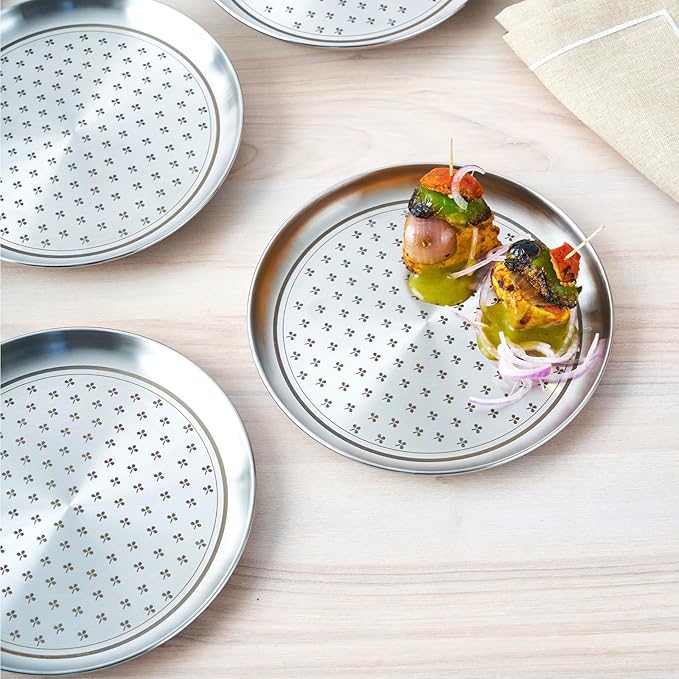 Arttdinox Stainless Steel Quarter Plate Set of 6 | Salad and Snacks | Flower Dot Patterns | Zenith Series