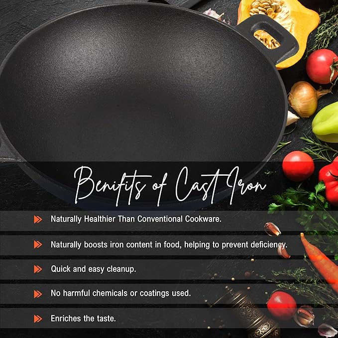 Solara Crownstone Premium Cast Iron Kadai 25 Cm, 2.1 Kg | Naturally Nonstick Cast Iron Kadai With 2 Loop Handles