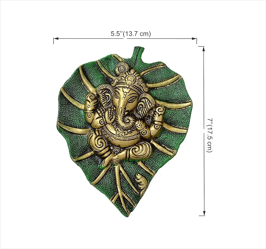 Two Moustaches Decorative Leaf Ganesha on Patta Metal Wall Hanging Showpiece Green & Golden Standard