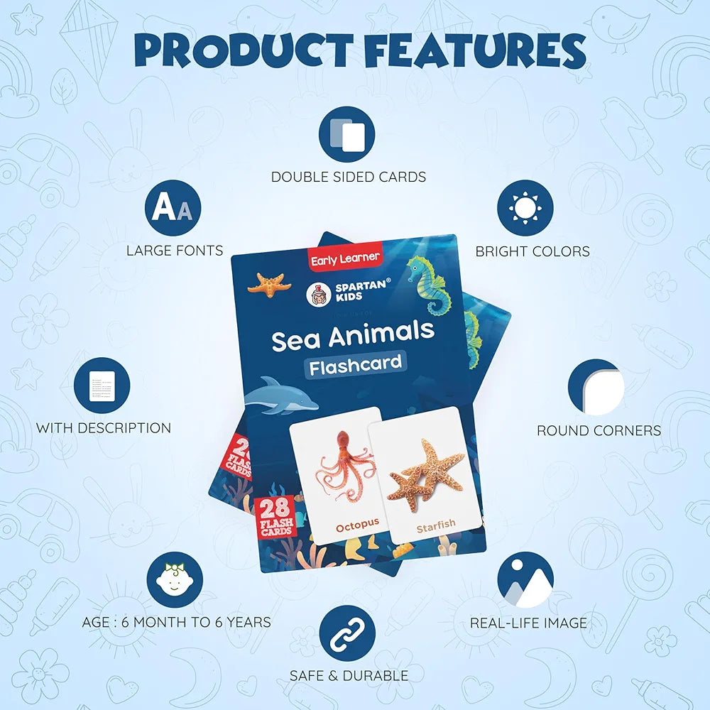 SPARTAN KIDS Sea Animals Flash Cards for Kids Cognitive_Skills | 27 Early Learning Flash Cards Easy & Fun Way of Learning 1 Year to 6 Years Babies