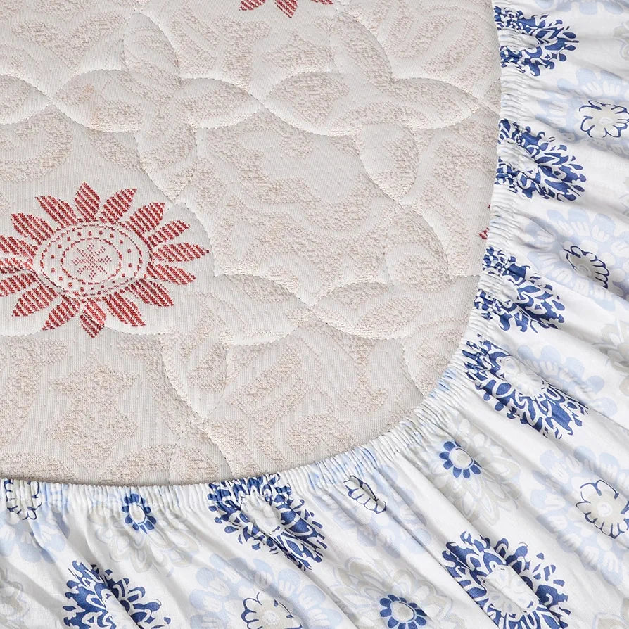 Divine Casa 144 TC Floral Grey 100% Cotton Elastic Fitted Bedsheets King Size with 2 Pillow Covers Colour Dutch Blue