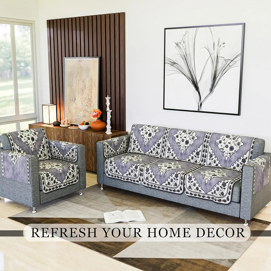 Kuber Industries Sofa Cover Net Sofa Slipcover Set 5-Seater Sofa Cover Flower Digital Triangle Border-753 Grey