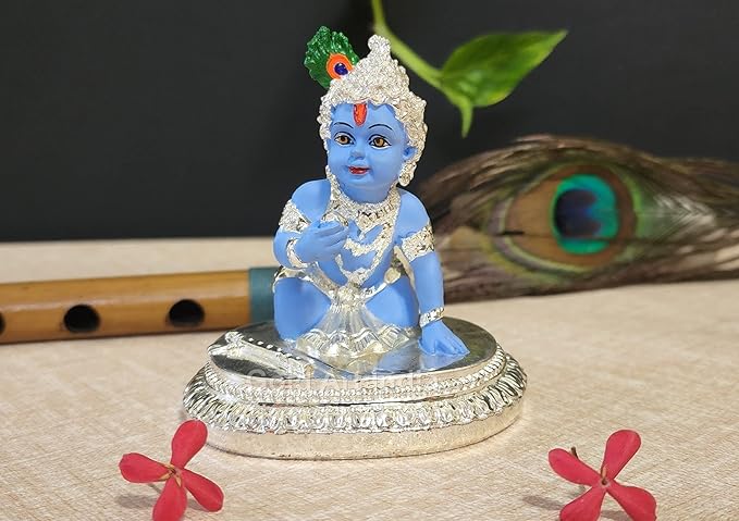 Gold Art India Ceramic Krishna Idol Standing Krishna Playing Basuri Flute Kanah JI Silver and Blue