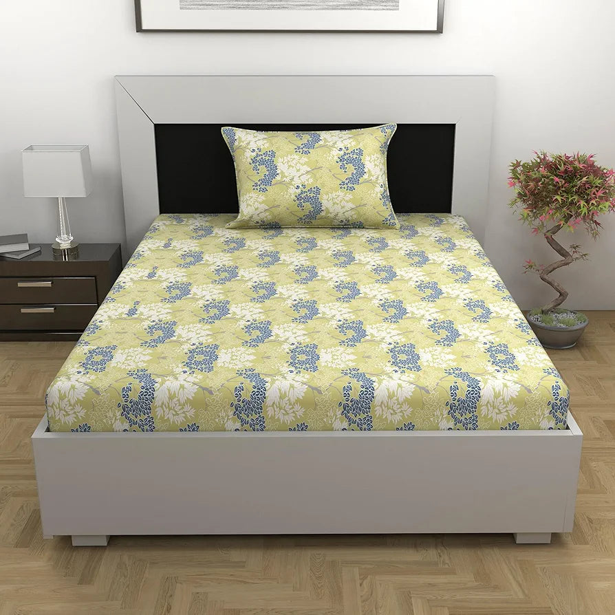 Divine Casa 144 TC 100% Cotton Bedsheet for Single Bed with 1 Pillow Cover Colour Lemon Drop