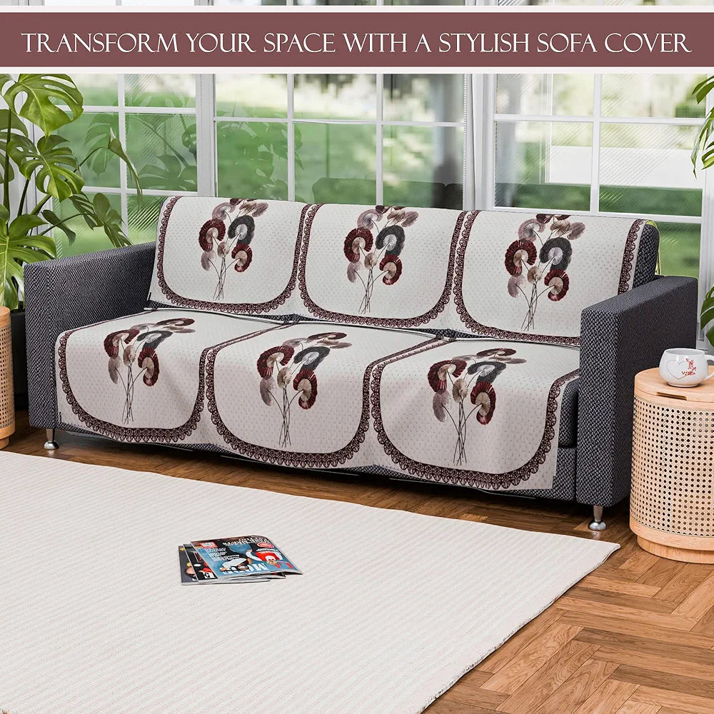 Kuber Industries Set of 6 Velvet 3 Seater Sofa Covers for Living Room Digital Flower-Cream & Brown