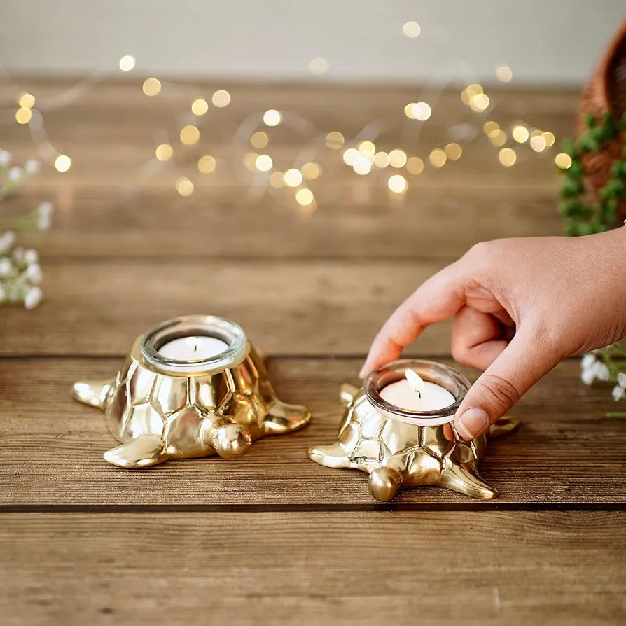 BEHOMA Golden Turtle Votive Holder Set of Mother and Child | Elegant Home and Office Dcor Accessories for Living Room | Collectibles Perfect for Birthday, Mother's Day | Votives Candle Included
