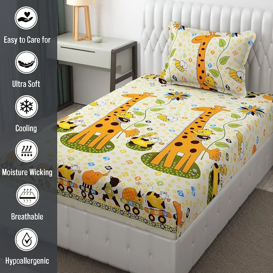 Fresh From Loom Bed Sheet Cartoon Printed Single Bedsheet With One Pillow Cover 144 tc Multicolor Cream and Yellow