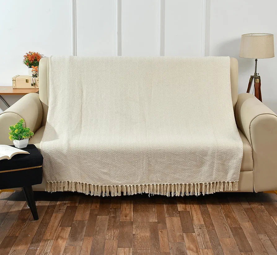 Sashaa World Chevron Cotton Sofa Throw with Tassels Colour Beige and Natural