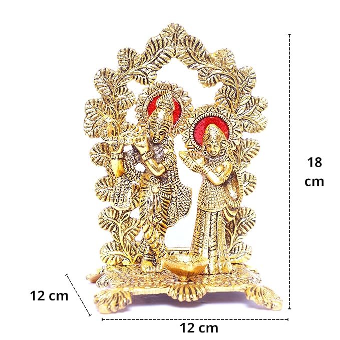 KridayKraft Radha Krishna Standing Playing Flute Metal Statue Gold Antique Finish for Pooja