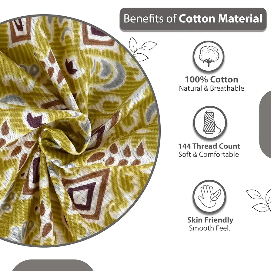 Divine Casa 144 TC 100% Pure Cotton Single Bedsheet with 1 Pillow Cover Ikat Diamond Print Colour Mustard Yellow