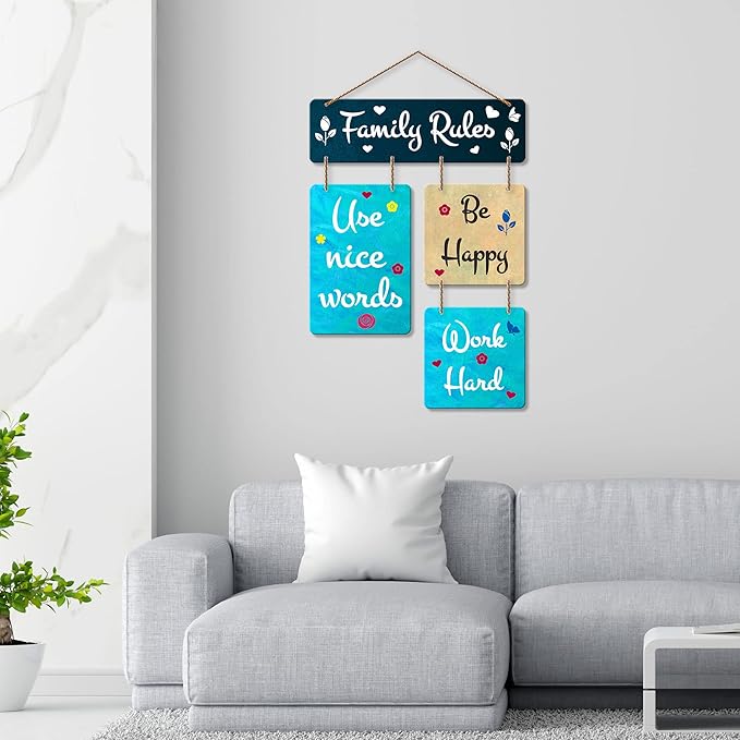 Artvibes Family Rules Decorative Wall Art Mdf Wooden Wall Hanger for Living Room
