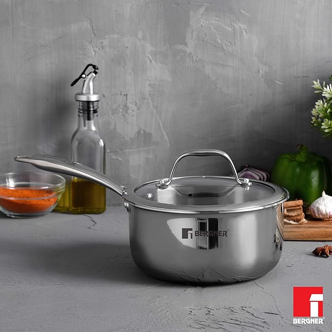 Bergner Hitech Triply Non-stick 16cm Saucepan | 1.6 L Saucepan With Non-stick Mesh Pattern Inside