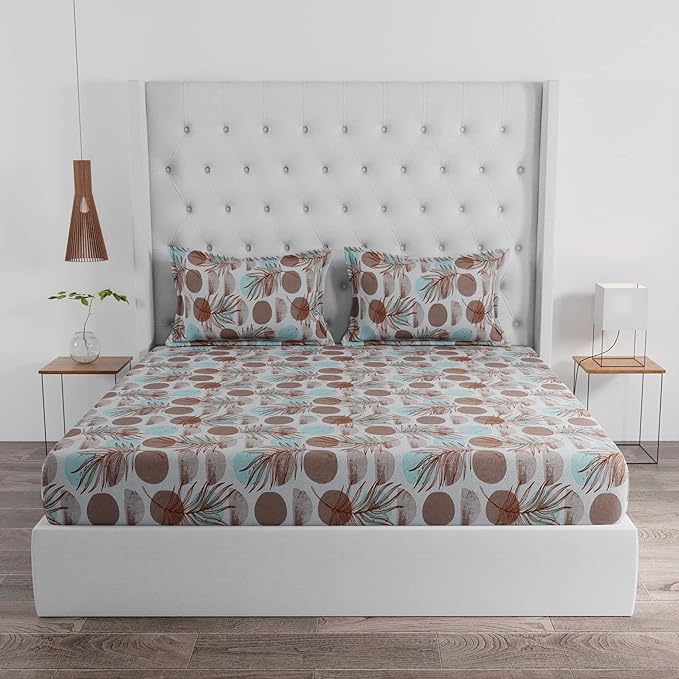 Huesland by Ahmedabad Cotton 144 TC Cotton King Size Bedsheet with 2 Pillow Covers - White & Brown