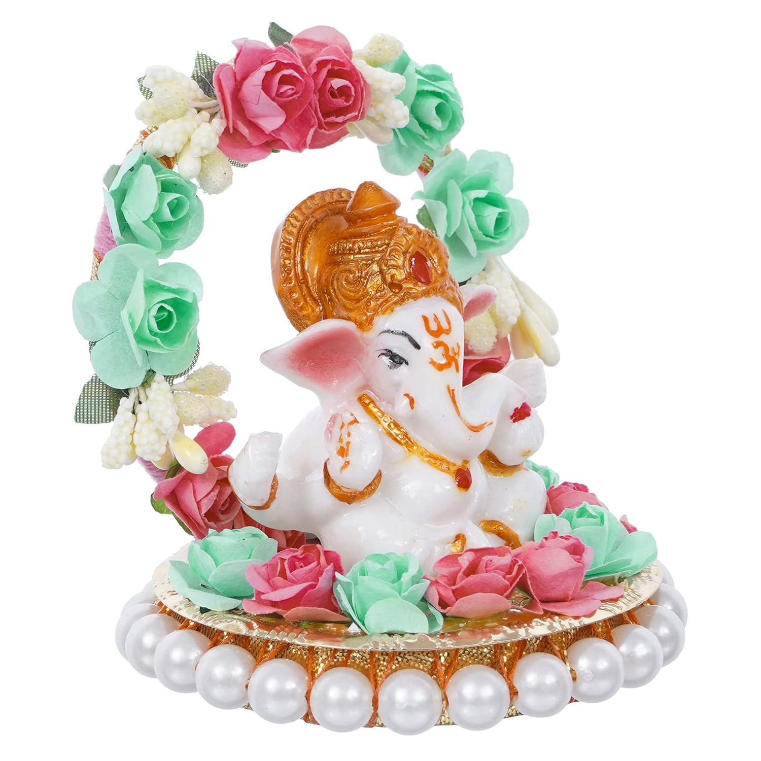 Ecraftindia Lord Ganesha Idol on Decorative Handcrafted Plate With Throne of Pink and Green Flowers