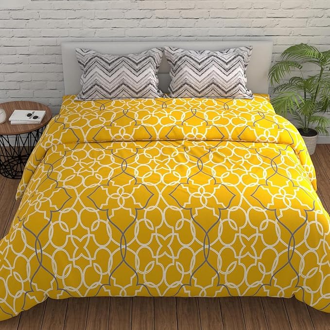 Huesland by Ahmedabad Cotton 144 TC Cotton Bedsheet for Double Bed King Size with 2 Pillow Covers | Yellow & Grey