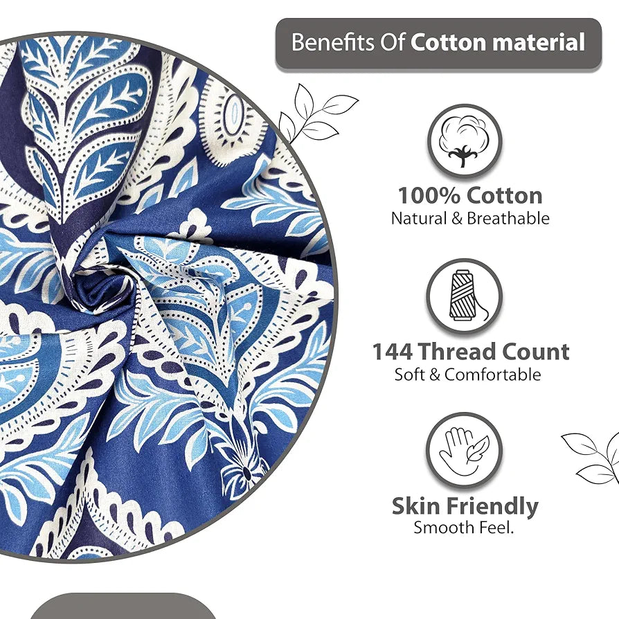 Divine Casa 144 TC 100% Cotton Single Bedsheet with 1 Pillow Cover Floral Pattern Colour Dazzling Blue