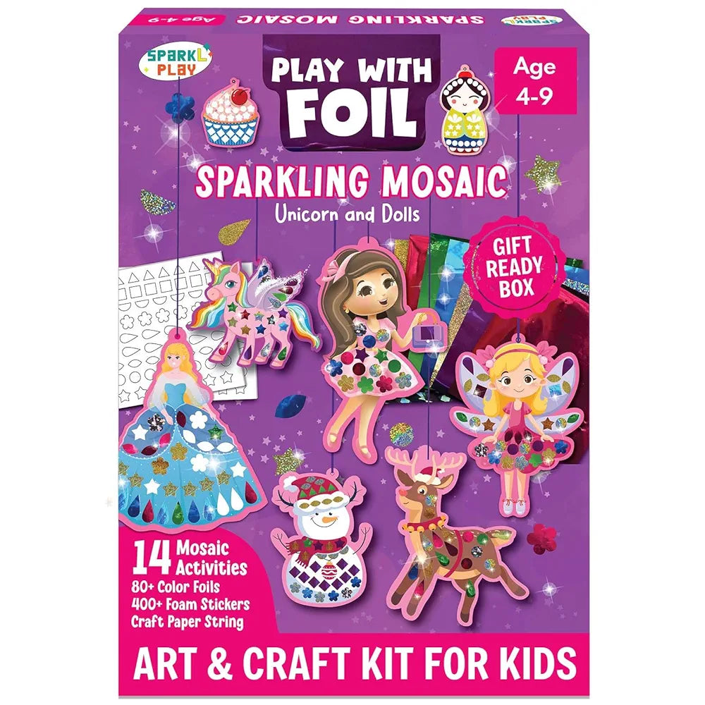 SparkLPlay Foil Art & Craft Kit for Girls Ages 4–9 | DIY Mosaic Activity | Foil Fun with 14 Theme Danglers, 80+ Color Foils & 400+ Stickers | Birthday Gift | Unicorn, Princess & Doll Theme