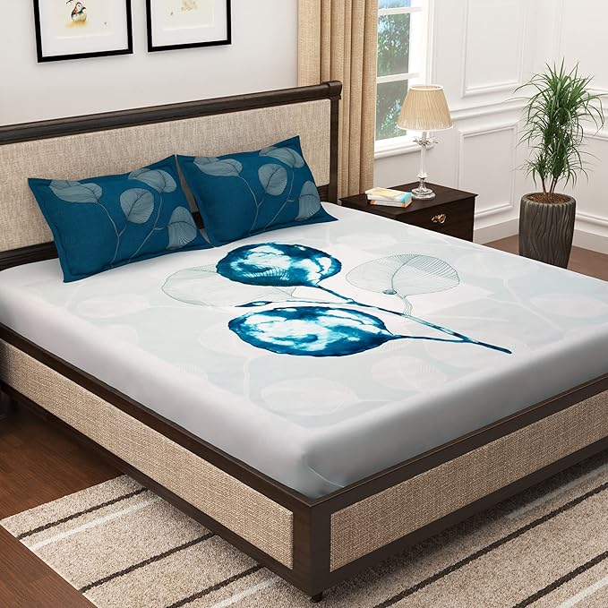 Story@Home Cotton Abstract Print Tevel King Size Bedsheet with 2 Pillow Covers White & Blue Colour