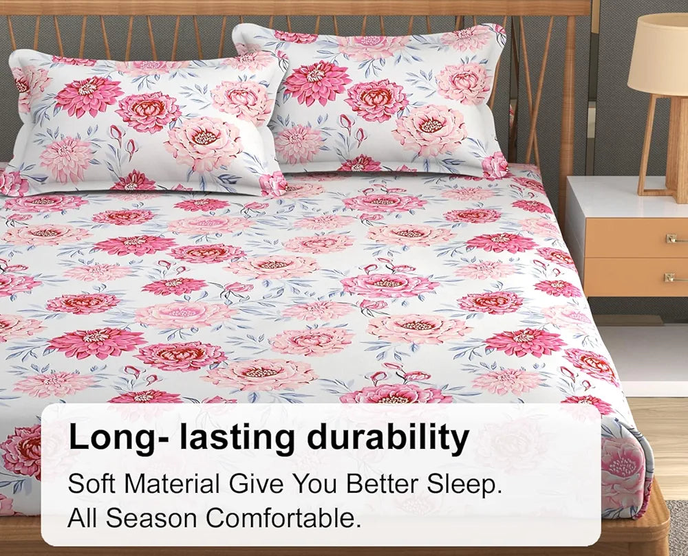 Fresh From Loom Floral Print 240 TC King Size Microfiber Fitted Bedsheet Set Soft & Anti Fade 2 Pillow Covers Included Rose-Offwhite