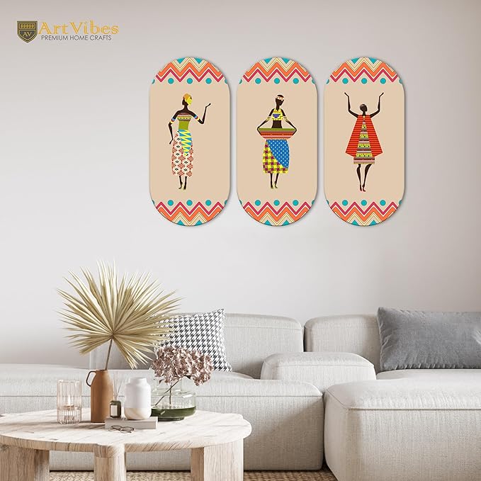 Artvibes African Women Dancing Warli Art Wooden Wall Hanger for Home | Set of 3