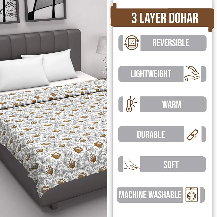 Divine Casa Floret 100% Cotton Single Dohar 120 GSM Soft & Lightweight Throw Blanket Colour Toffee Grey