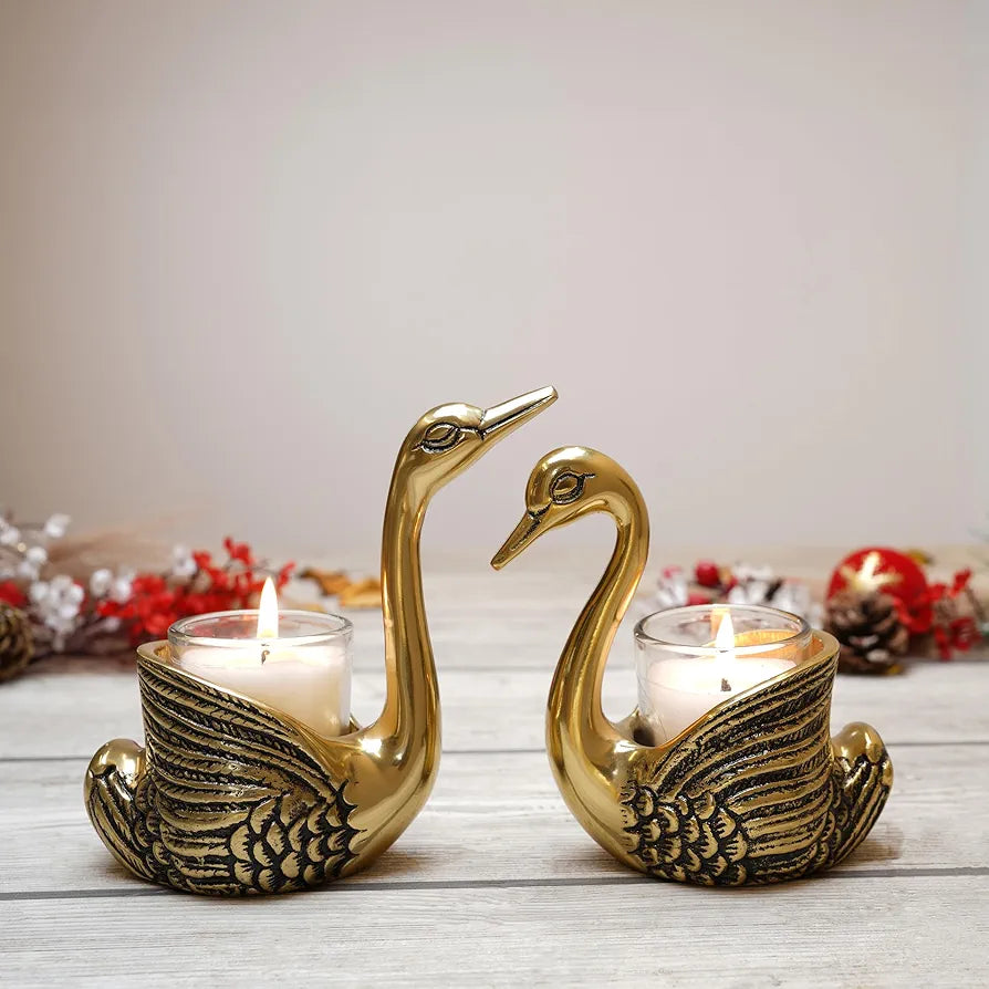 BEHOMA Aluminium Pair of Swans for Good Luck and Love | Candle Holder for Home| Showpiece for Gifting Anniversary Valentine's Day , Gold,13.5L x 7.5W x 14H Centimeters