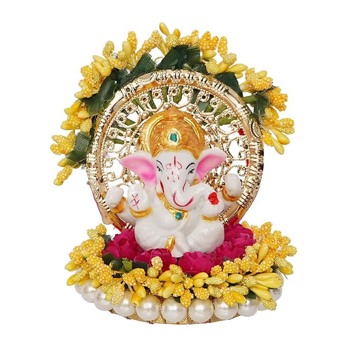 Ecraftindia Resin Handcrafted Lord Ganesha Idol on Yellow Floral Decorative Plate | Ganesha Idol