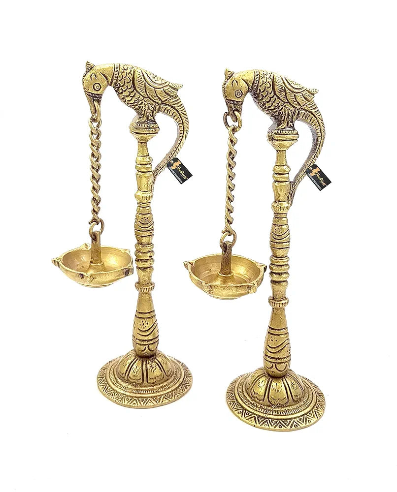 Two Moustaches Parrot Design 7.5 Inches Brass Hanging Diya Pair