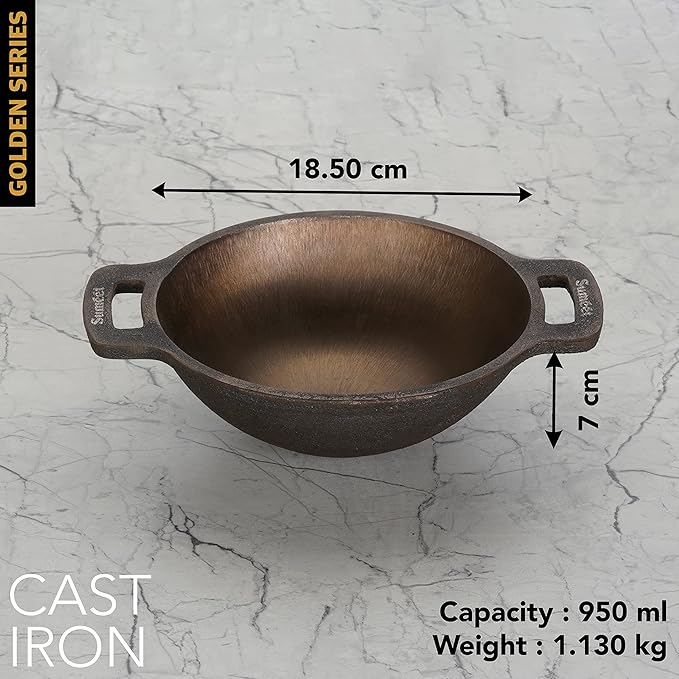 Sumeet Super Smooth Gold Series Pre Seasoned Cast Iron Small Kadai for Fry 950 ml