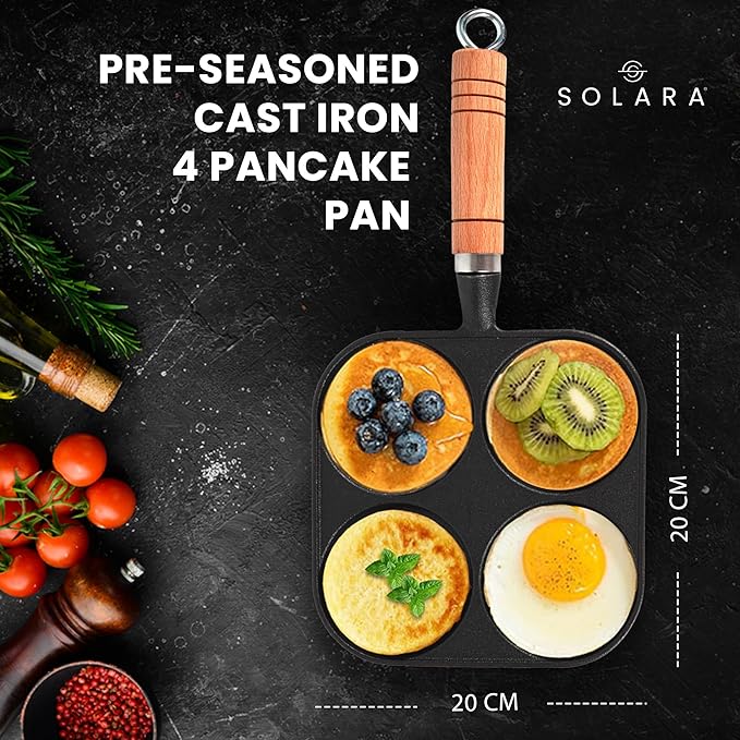 Solara Crown Stone Premium Pre-seasoned Cast Iron Uttapam Pan 4 Pit | Naturally Nonstick Toxin-free Uttappam Tawa With Wooden Handle