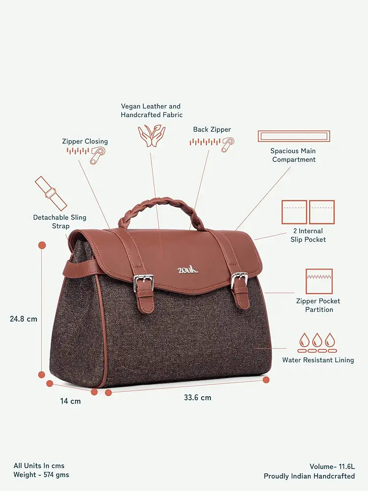 Zouk Women's Konkona Heritage Satchel Bag Jute & Leather