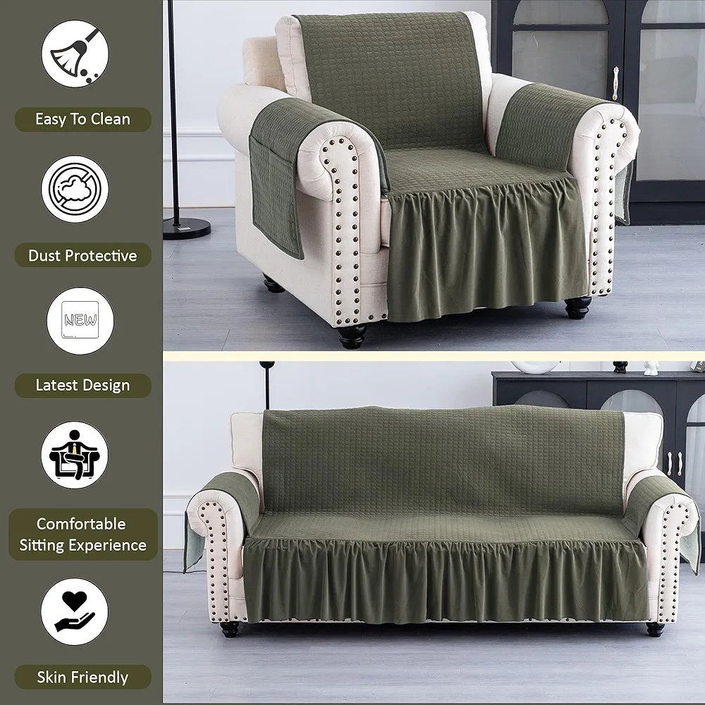 Kuber Industries Soft Velvet Quilted Single Seater Sofa Cover with Pocket Arms Frill Olive Green