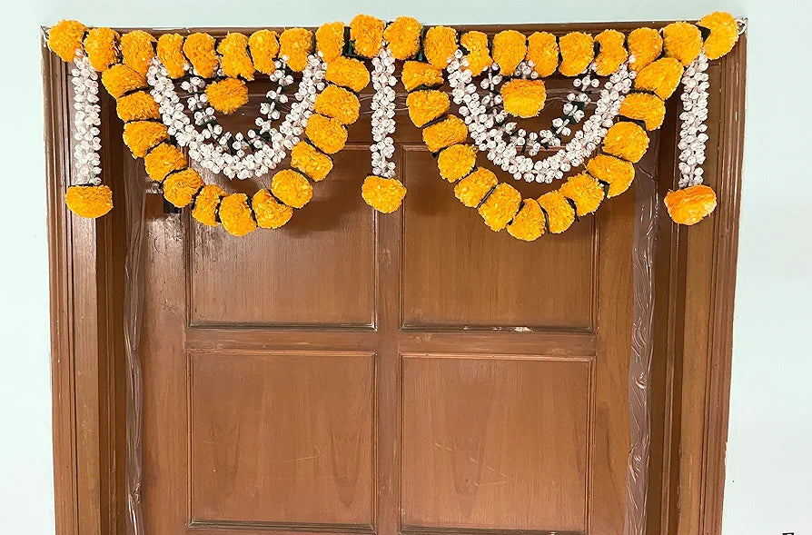Artificial Marigold Fluffy Flowers Garlands Door Toran Set/Door Hangings Light orange with Jasmine and leaves