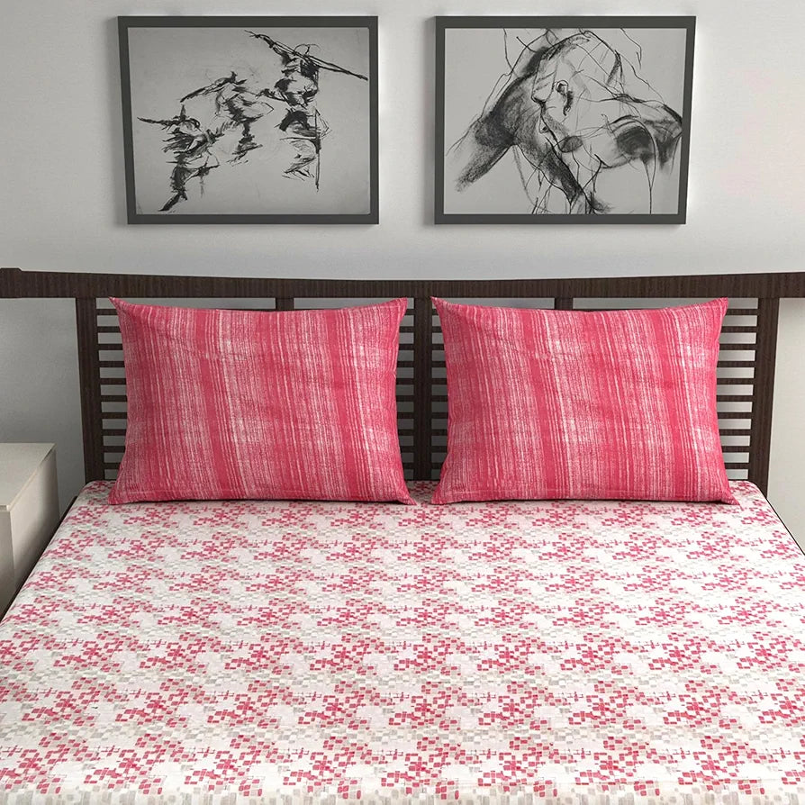 Divine Casa 144 TC 100% Pure Cotton Queen Size Double Bed Bedsheet with 2 Pillow Covers Geometric Pixel Colour Red White